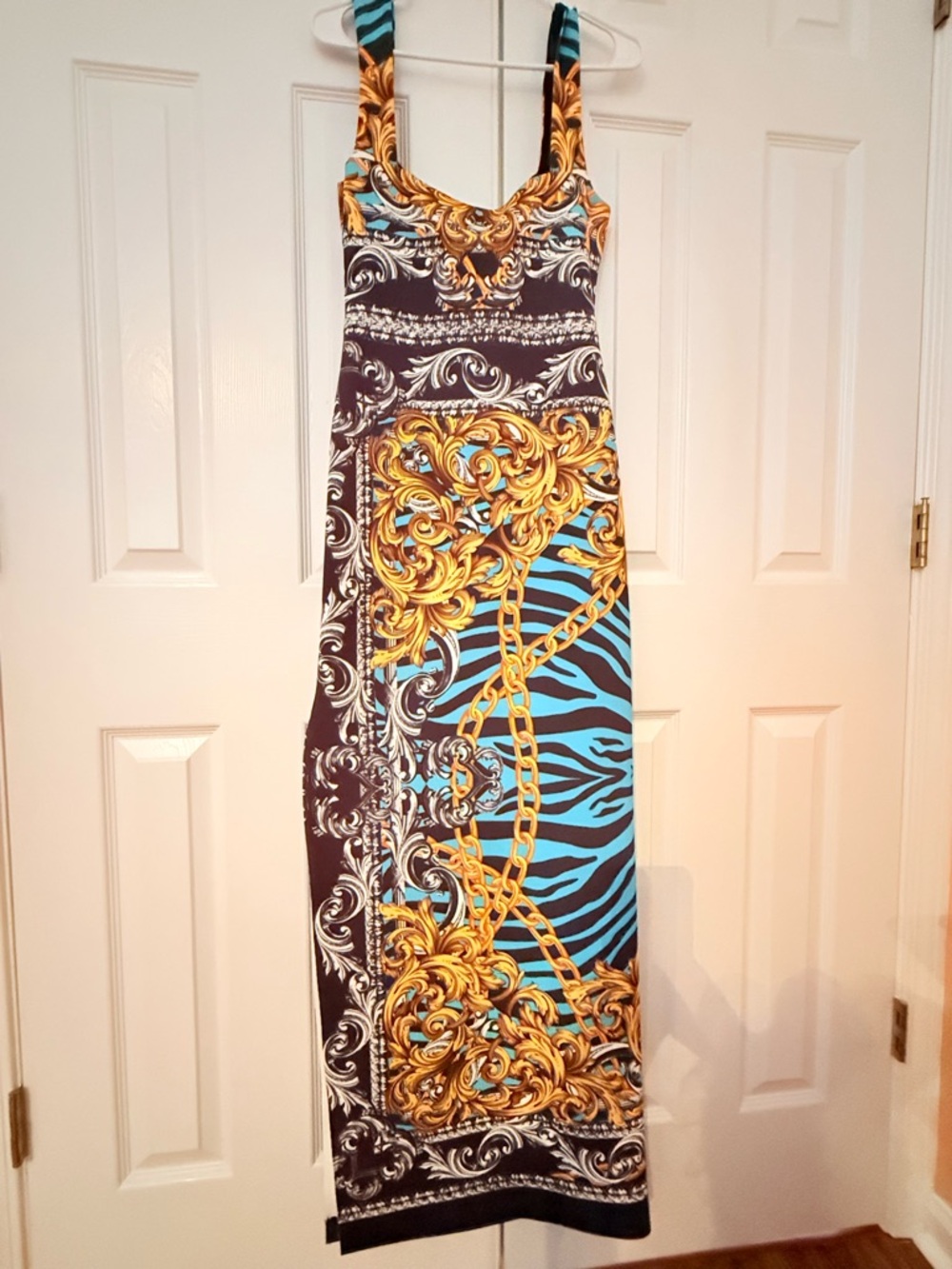 Marciano Turquoise, Black & Gold Chain-Print Sleeveless Maxi Dress - Picture 8 of 9